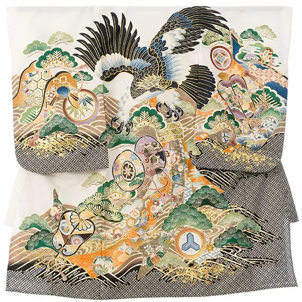 男児産着(6月-9月) HALA161 単衣 白/疋田黒 鷹 刺繍入り| 化繊