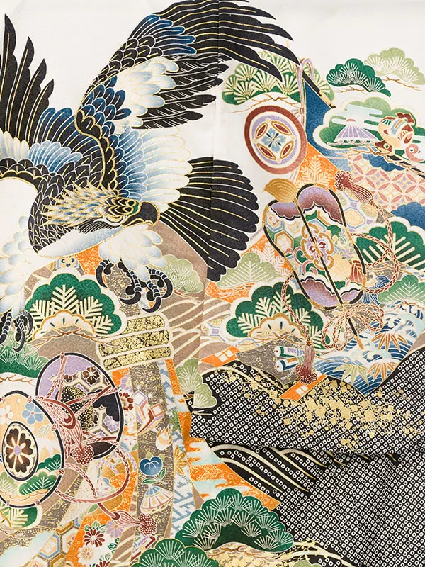 男児産着(6月-9月) HALA161 単衣 白/疋田黒 鷹 刺繍入り| 化繊