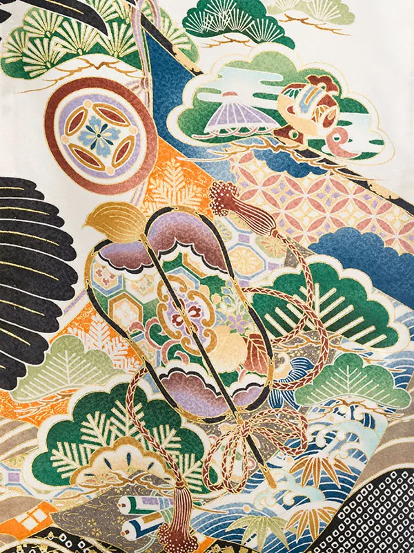 男児産着(6月-9月) HALA161 単衣 白/疋田黒 鷹 刺繍入り| 化繊