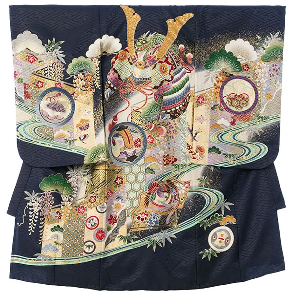 男児産着(6月-9月) HALA162 単衣 紺兜 刺繍入り| 化繊