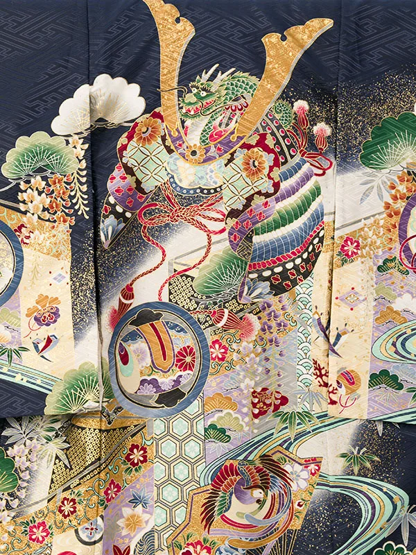 男児産着(6月-9月) HALA162 単衣 紺兜 刺繍入り| 化繊