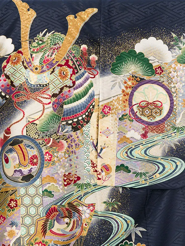 男児産着(6月-9月) HALA162 単衣 紺兜 刺繍入り| 化繊