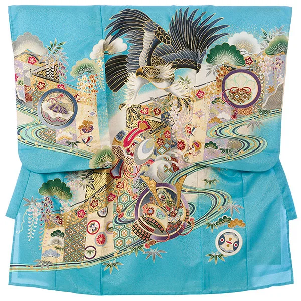 男児産着(6月-9月) HALA163 単衣 水色鷹 刺繍入り| 化繊