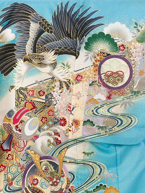 男児産着(6月-9月) HALA163 単衣 水色鷹 刺繍入り| 化繊