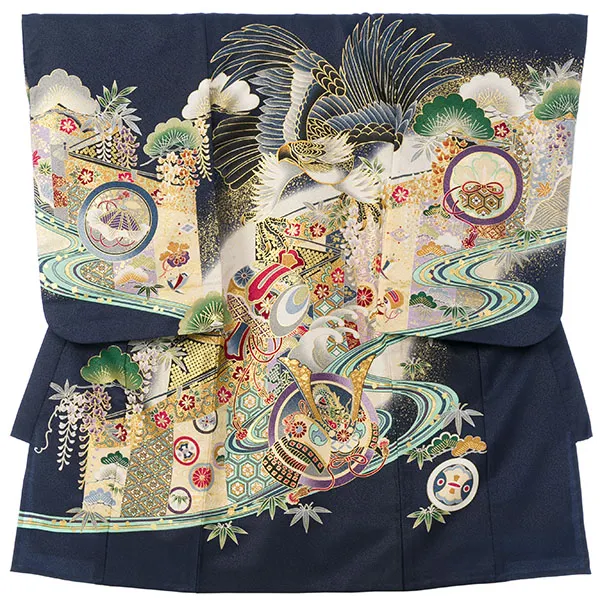 男児産着(6月-9月) HALA164 単衣 紺鷹 刺繍入り| 化繊