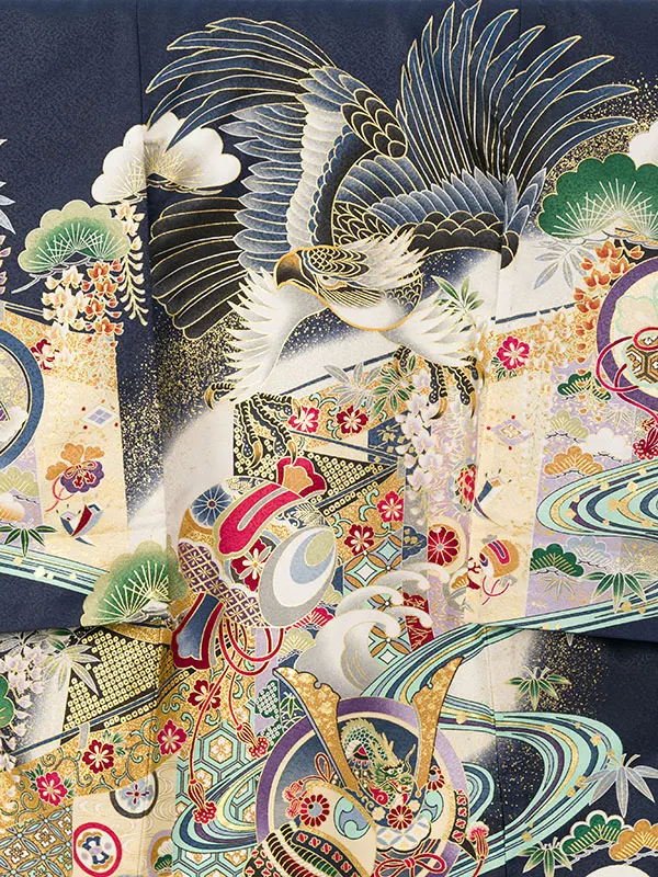 男児産着(6月-9月) HALA164 単衣 紺鷹 刺繍入り| 化繊