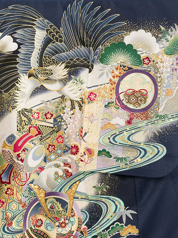 男児産着(6月-9月) HALA164 単衣 紺鷹 刺繍入り| 化繊