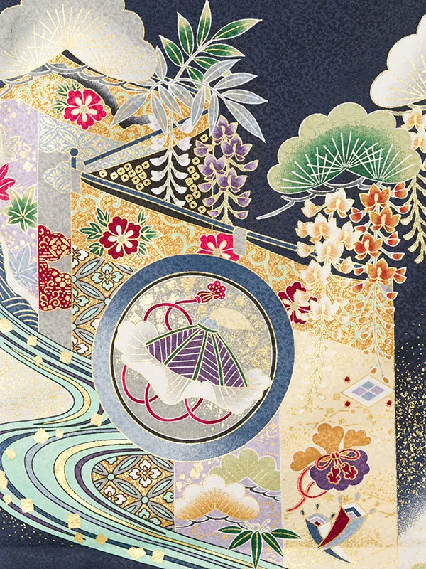 男児産着(6月-9月) HALA164 単衣 紺鷹 刺繍入り| 化繊