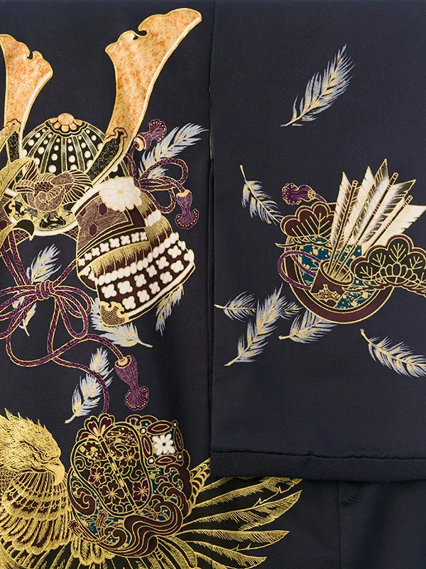 男児産着 HALA171 紺 鷹に兜 金彩|化繊