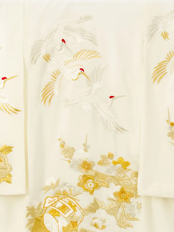 男児産着 HALA182 ｸﾘｰﾑ白 ちりめん 鶴に牡丹刺繍|化繊