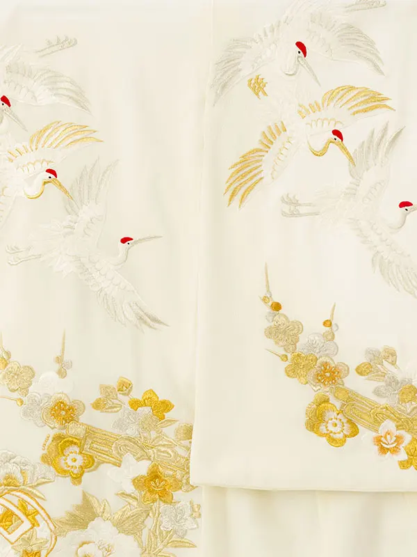 男児産着 HALA182 ｸﾘｰﾑ白 ちりめん 鶴に牡丹刺繍|化繊