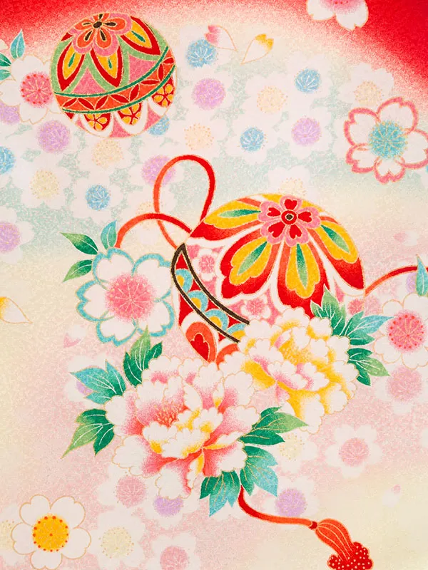 女児産着 E-5N102 赤/ｸﾘｰﾑ地 鼓に彩り春秋花