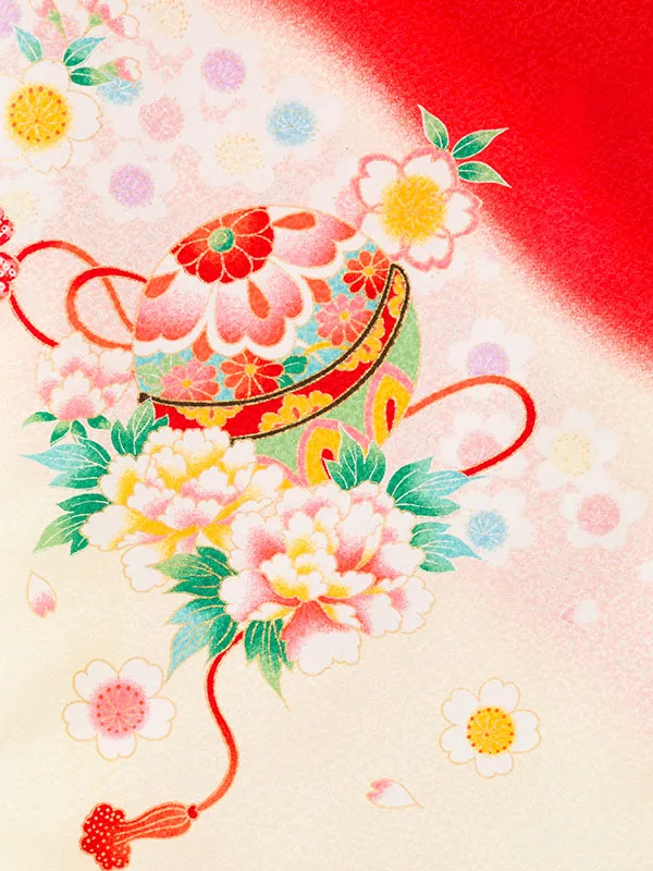 女児産着 E-5N102 赤/ｸﾘｰﾑ地 鼓に彩り春秋花