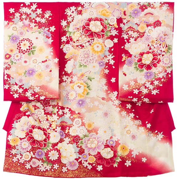 女児産着 HAMA096 赤地 百花に鞠 金彩 | 化繊