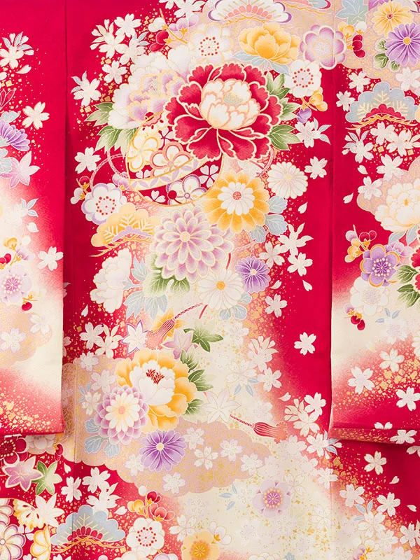 女児産着 HAMA096 赤地 百花に鞠 金彩 | 化繊