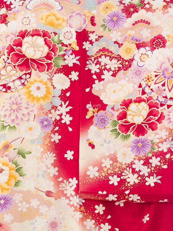 女児産着 HAMA096 赤地 百花に鞠 金彩 | 化繊