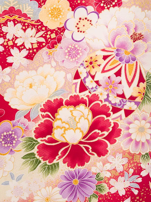 女児産着 HAMA096 赤地 百花に鞠 金彩 | 化繊