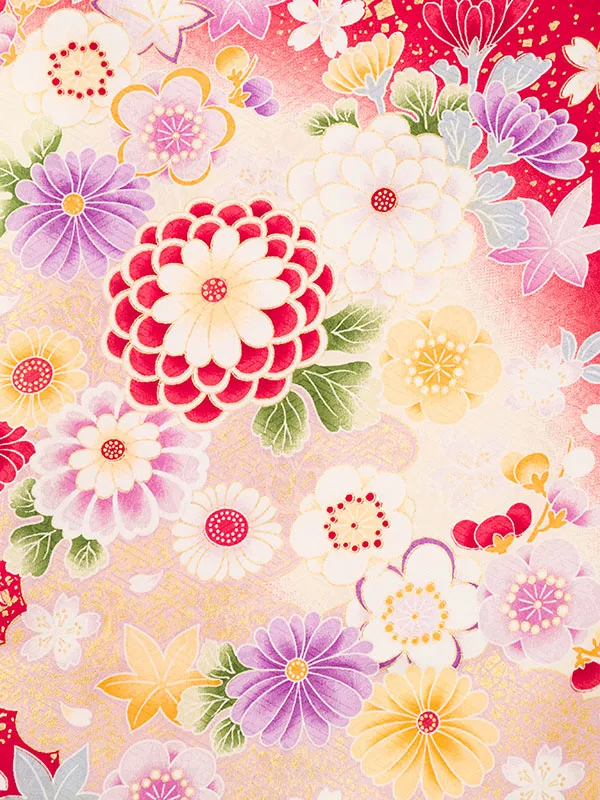 女児産着 HAMA096 赤地 百花に鞠 金彩 | 化繊
