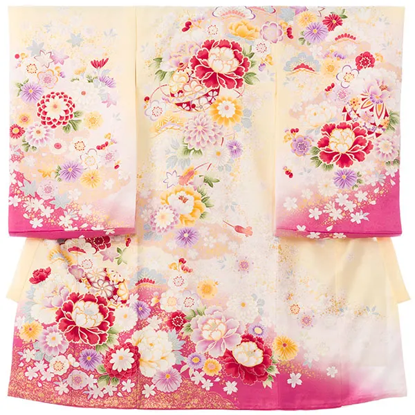 女児産着 HAMA097 ｸﾘｰﾑ 百花に鞠 金彩 | 化繊