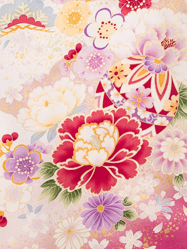 女児産着 HAMA098 白 百花に鞠 金彩 | 化繊