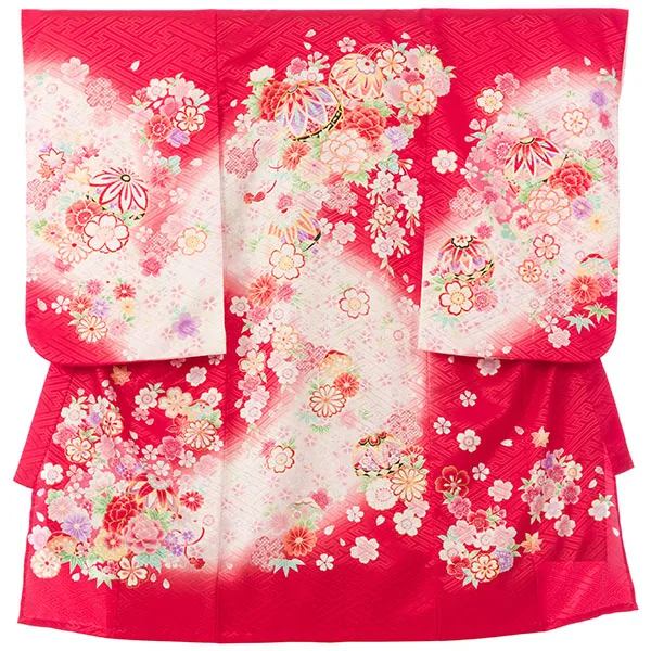 女児産着(6月-9月) HAMA103 単衣 赤 手毬に四季花 金刺繍|化繊