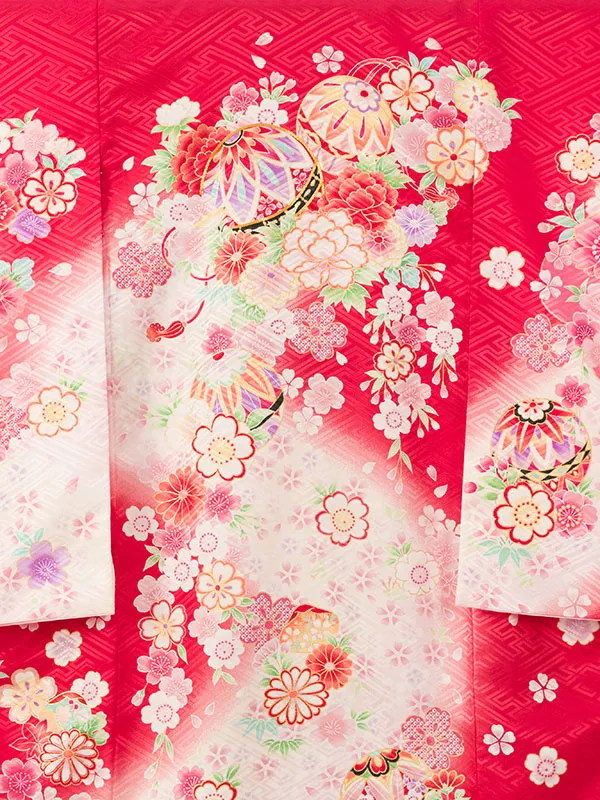 女児産着(6月-9月) HAMA103 単衣 赤 手毬に四季花 金刺繍|化繊