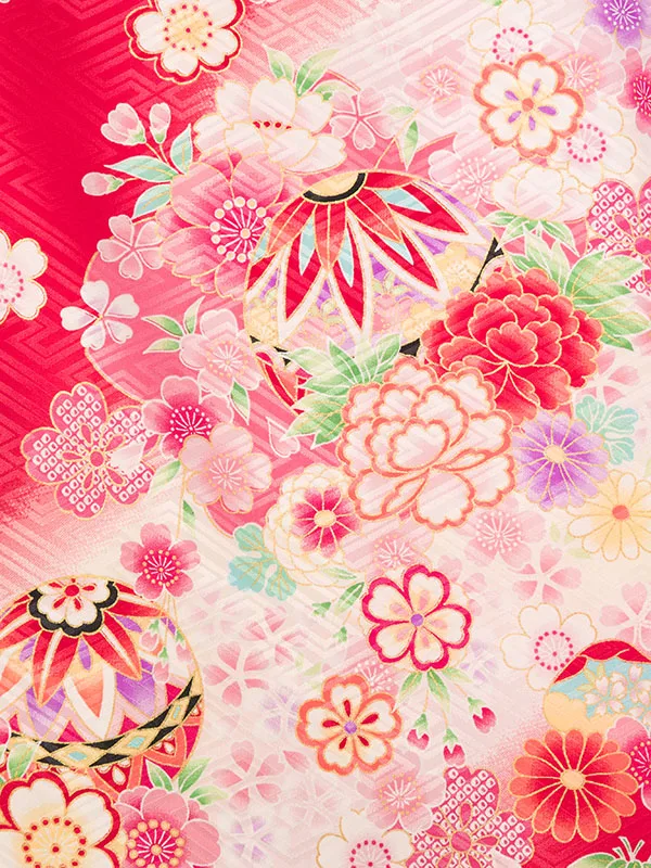 女児産着(6月-9月) HAMA103 単衣 赤 手毬に四季花 金刺繍|化繊