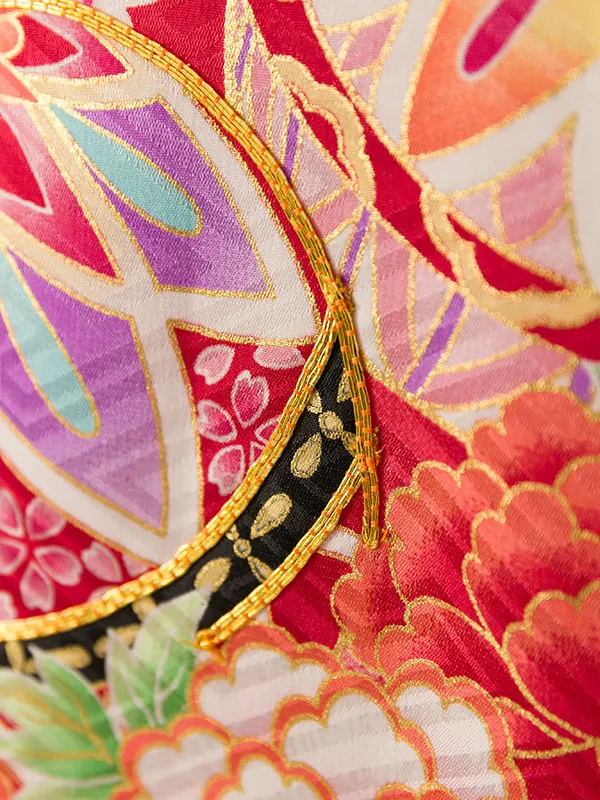 女児産着(6月-9月) HAMA103 単衣 赤 手毬に四季花 金刺繍|化繊