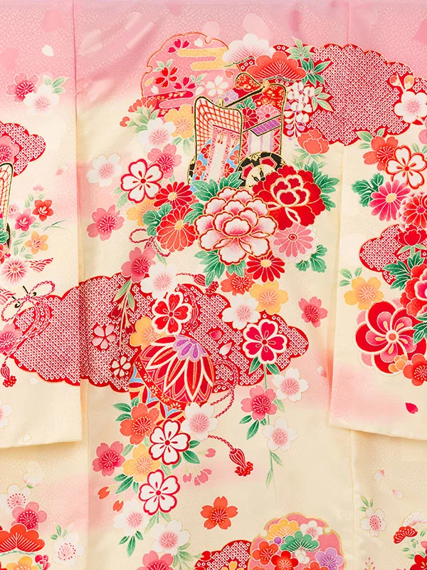 女児産着(6月-9月) HAMA104 単衣 ﾋﾟﾝｸ/黄色 御所車 刺繍|化繊