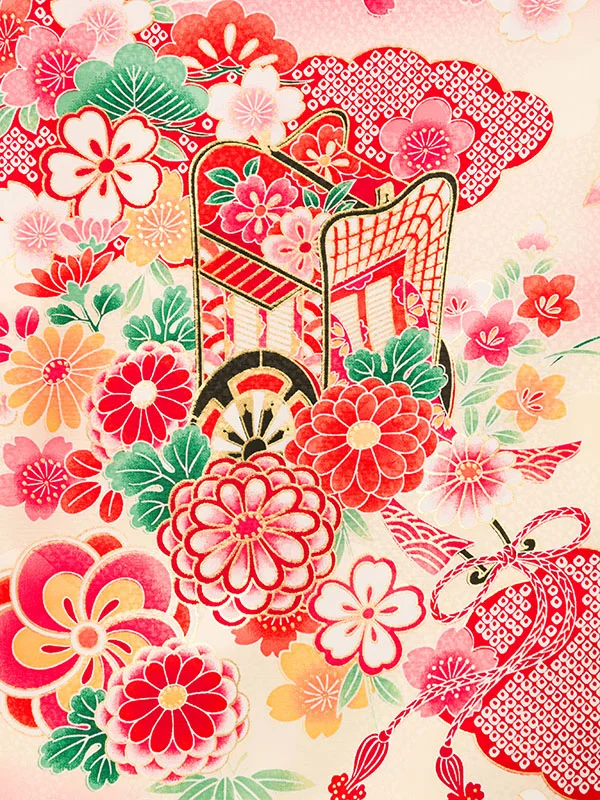 女児産着(6月-9月) HAMA104 単衣 ﾋﾟﾝｸ/黄色 御所車 刺繍|化繊