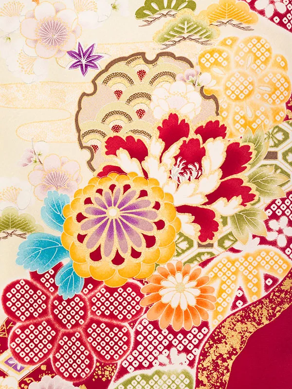 女児産着 HAMA110 ｸﾘｰﾑ/赤 疋田 雪輪に四季花|化繊