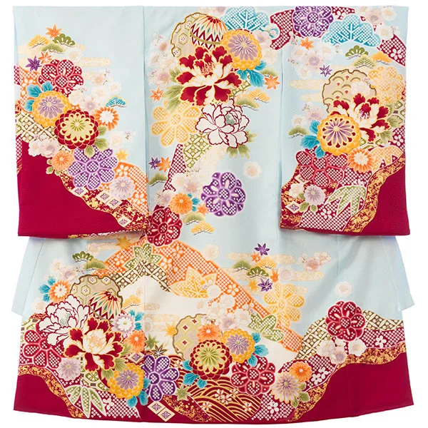 女児産着 HAMA111 水色/赤 疋田 雪輪に四季花|化繊