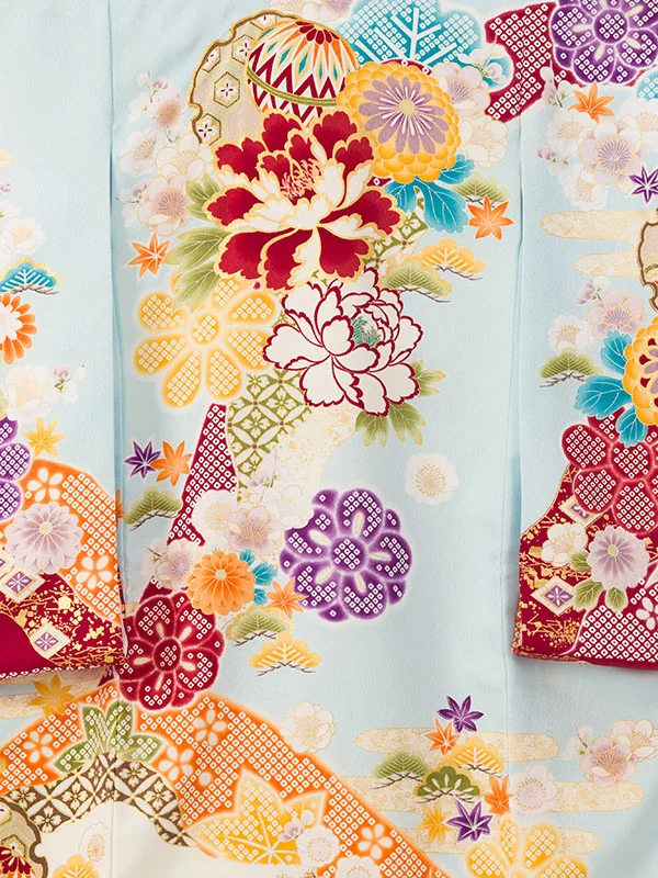 女児産着 HAMA111 水色/赤 疋田 雪輪に四季花|化繊