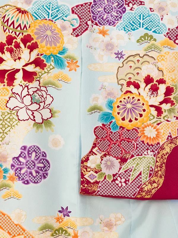 女児産着 HAMA111 水色/赤 疋田 雪輪に四季花|化繊