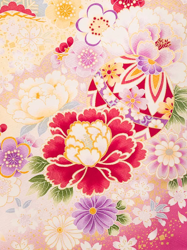 女児産着 HAMA113 ｸﾘｰﾑ/ﾋﾟﾝｸぼかし 鞠に四季花 金彩|化繊