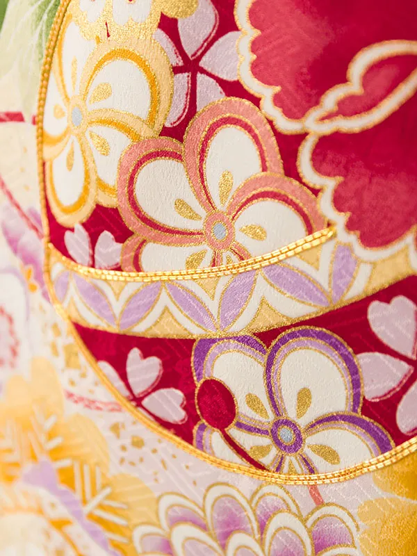 女児産着 HAMA113 ｸﾘｰﾑ/ﾋﾟﾝｸぼかし 鞠に四季花 金彩|化繊