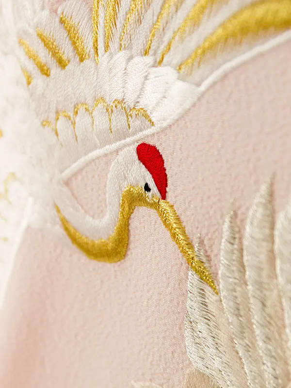女児産着 HAMA128 ﾋﾟﾝｸ ちりめん 鶴に牡丹刺繍|化繊