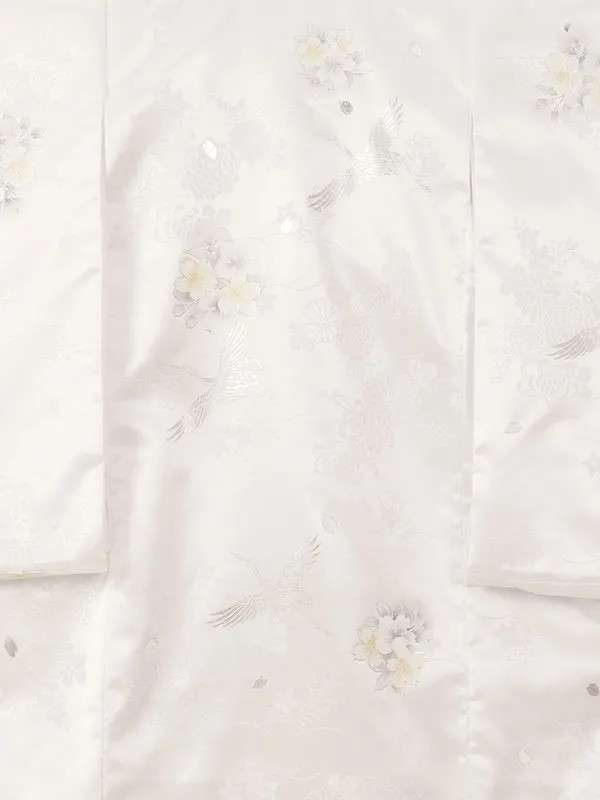 女児産着 HAMA138 白 鶴に桜刺繍 銀彩|化繊