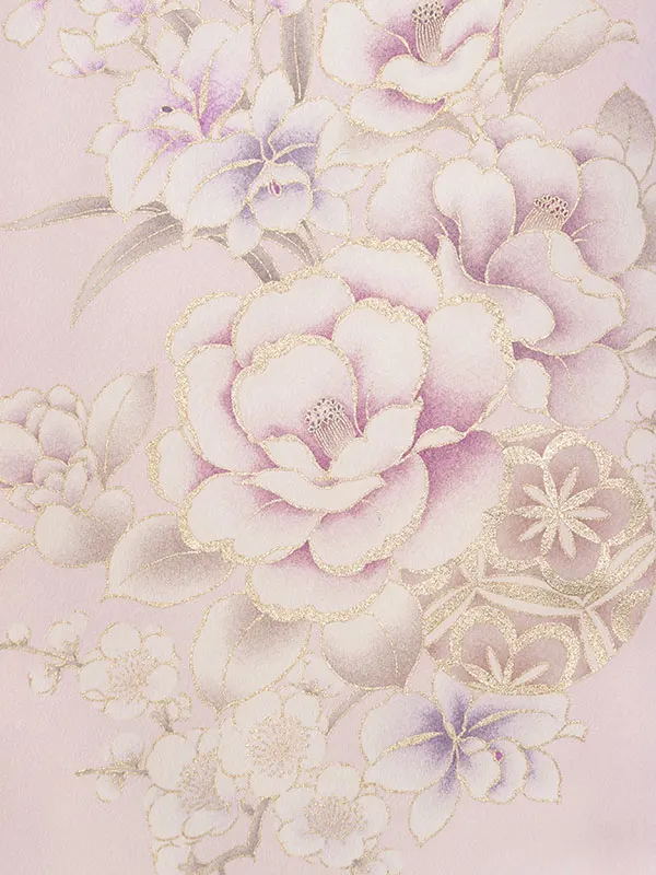 女児産着 HAMA142 ﾋﾟﾝｸ 牡丹 桜 百合 ねじり梅 金銀彩|化繊