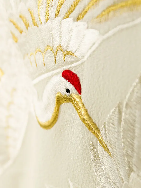 女児産着 HAMA147 白 ちりめん 牡丹鼓 飛翔鶴刺繍|化繊
