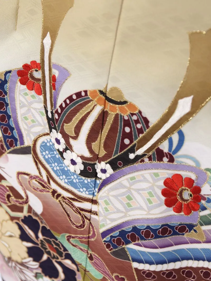 七五三(3歳男)E-3-026 金茶地 兜 扇面 松|黒|黒ｸﾞﾚｰ 龍紋