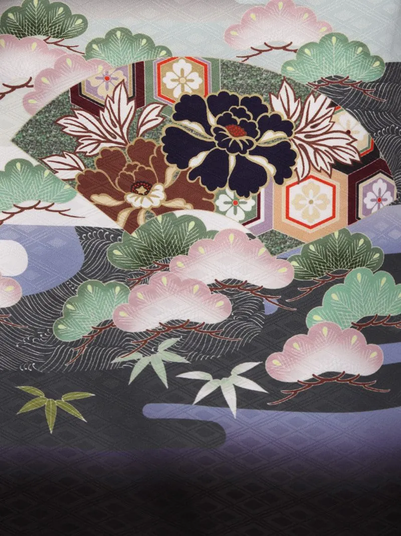 七五三(3歳男)E-3-037 花うさぎ 黒 兜 扇面 松/クリーム 金 鶴に松