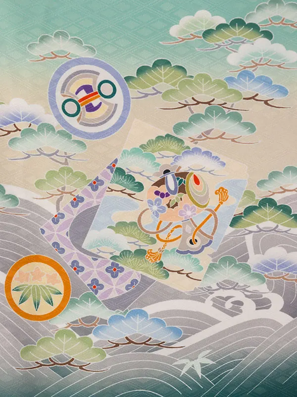 七五三(3歳男)E-3-264 スカイグリーン×深緑ぼかし 鷹/白金 菱紋