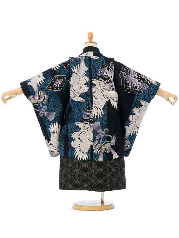 七五三(3歳男)HAO3526 JS 紺 鷹に乱菊縞|黒|黒銀