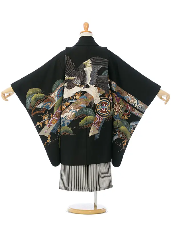 七五三(5歳男)HAO5282 黒 鷹 松|黒|縞袴