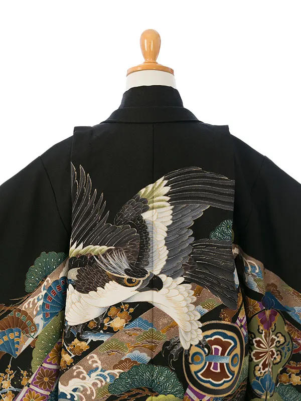 七五三(5歳男)HAO5282 黒 鷹 松|黒|縞袴