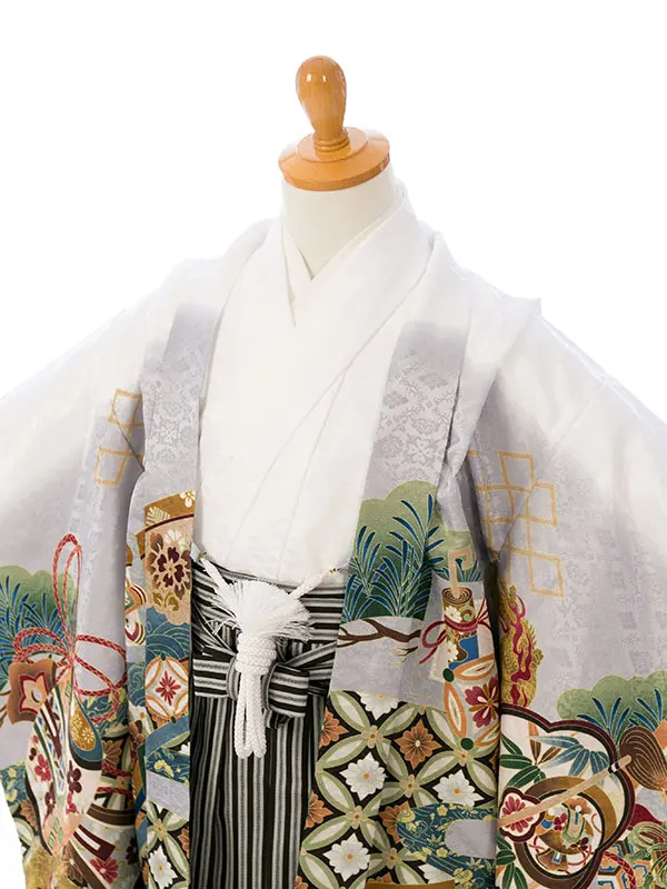 七五三(5歳男)HAO5285 白 ｸﾞﾚｰ 鷹|白|縞袴