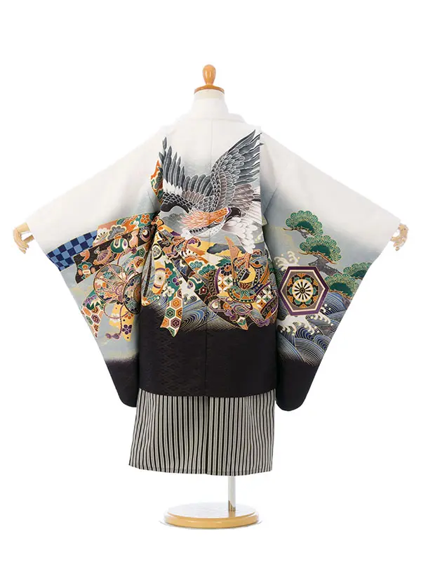 七五三(5歳男)HAO5304 白 鷹に熨斗|白|縞袴