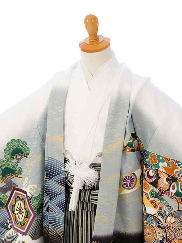 七五三(5歳男)HAO5304 白 鷹に熨斗|白|縞袴