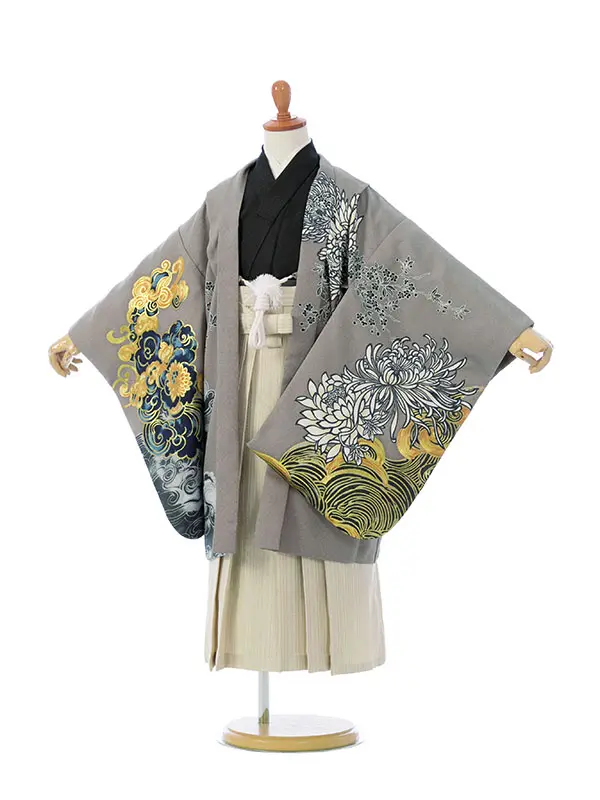 七五三(5歳男)HAO5366 ｸﾞﾚｰ 虎に菊 波|黒|白金